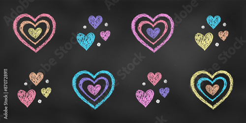 Realistic Chalk Drawn Sketch. Set of Colorful Design Elements Combinations of Hearts Isolated on Chalkboard Backdrop.