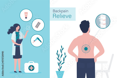 Medical staff talking how back pain relief. Man with back pain rheumatologist appointment. Ointments, drugs and sports exercises to relieve spinal pain. vector