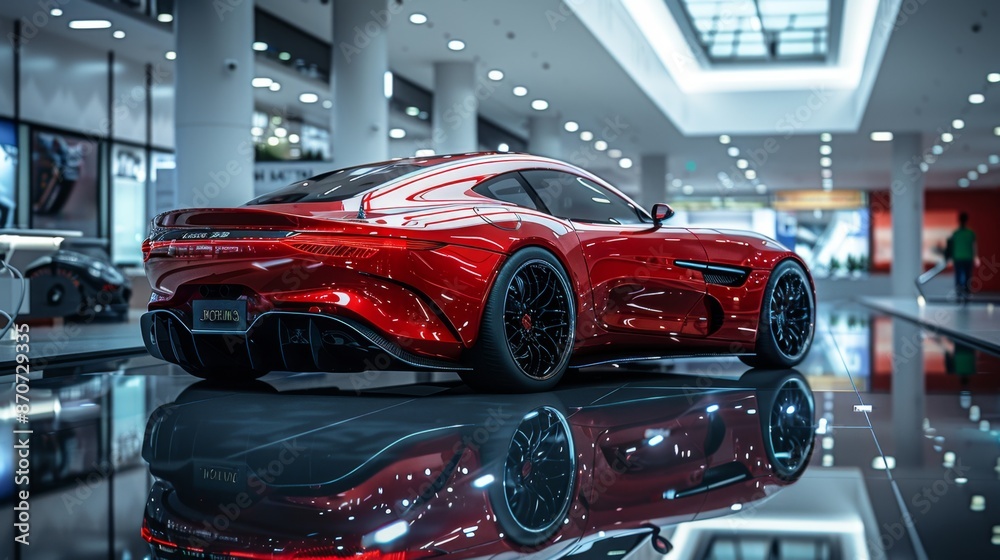 Stunning Red Sports Car Displayed in Modern Showroom - Generative AI Stunning Red Sports Car Displayed in Modern Showroom - Generative AI