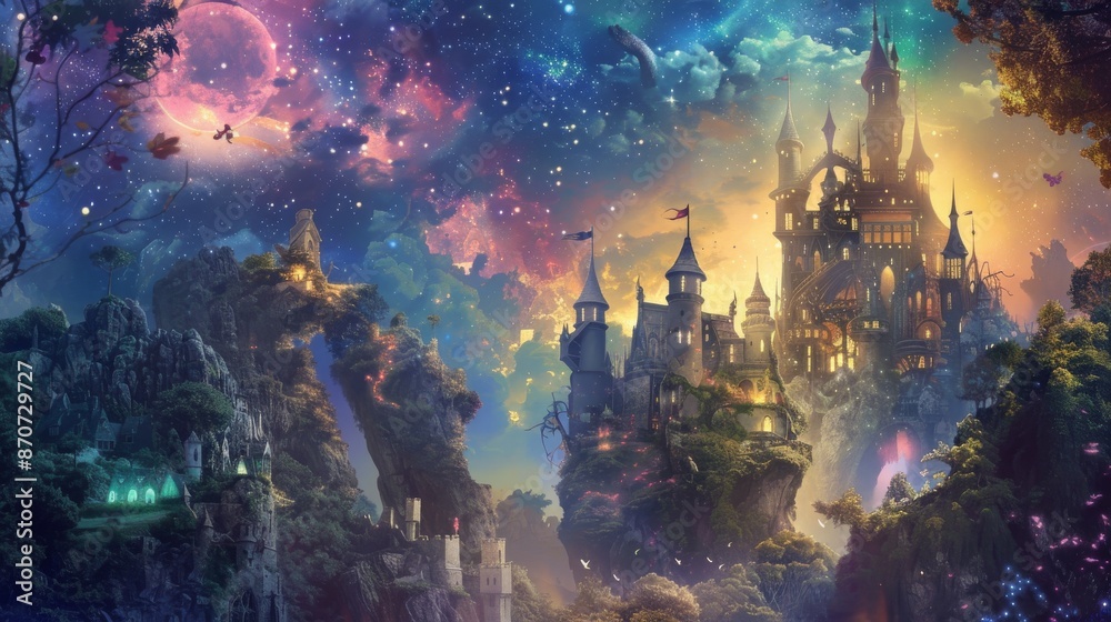 Fototapeta premium Dreamlike Fantasy Castle in a Magical, Starry Landscape with Mystical Lights