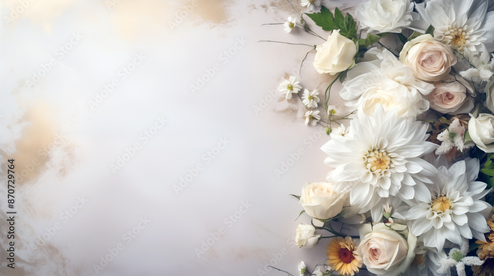 A white background with a bunch of flowers in the foreground A white background with a bunch of flowers in the foreground