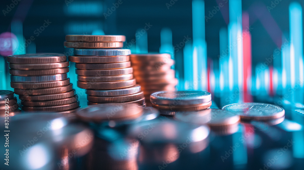 Coins stack against blurry graph background Coins stack against blurry graph background