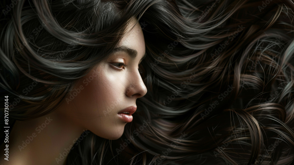 Beautiful brunette woman with long flowing hair on a dark background. A young model poses and shows off her luxurious hair. Hair care, beauty concept. Beautiful brunette woman with long flowing hair on a dark background. A young model poses and shows off her luxurious hair. Hair care, beauty concept.