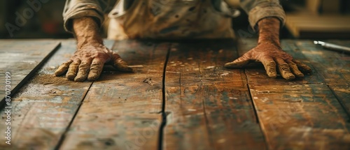 Carpenter restoring an antique piece of furniture, with detailed tools and worn wood, emphasizing preservation and skill