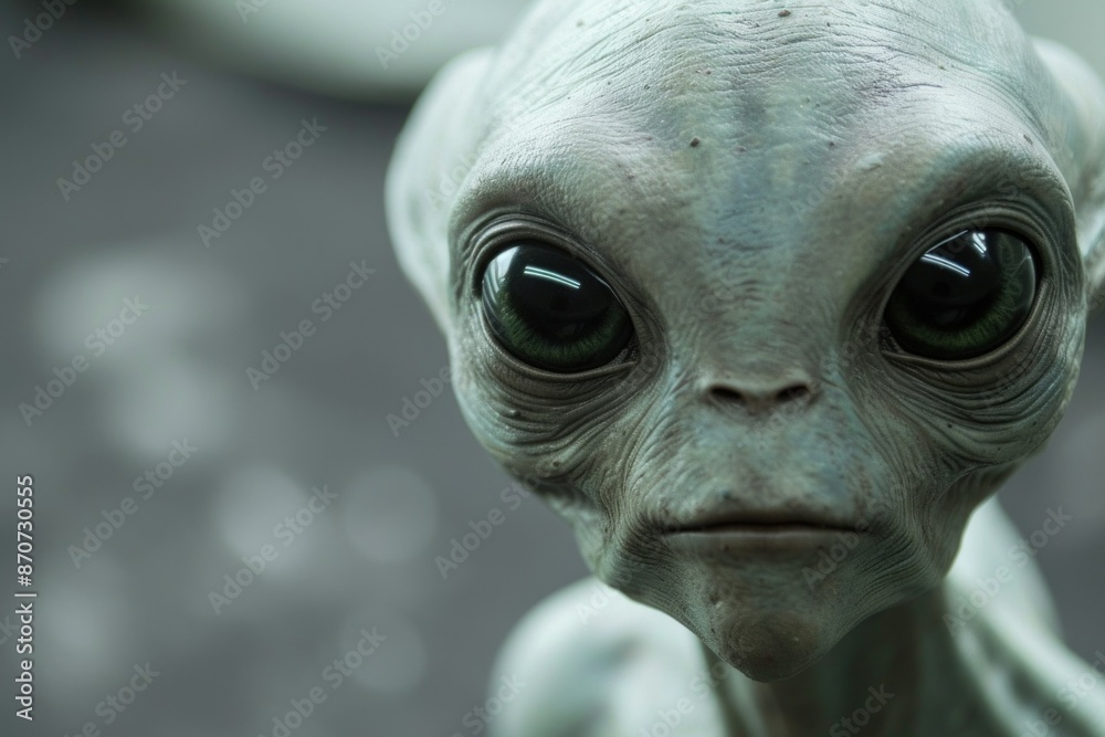 Gray alien race. Close up on her silver face and big black eyes. Extraterrestrial creature Gray alien race. Close up on her silver face and big black eyes. Extraterrestrial creature
