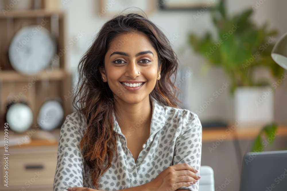 Indian woman blogger teaches online  conducts job interview via video.