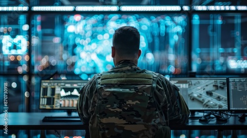 A military surveillance officer sits alone in a dimly lit command center, intently focused on a series of screens displaying data and visuals