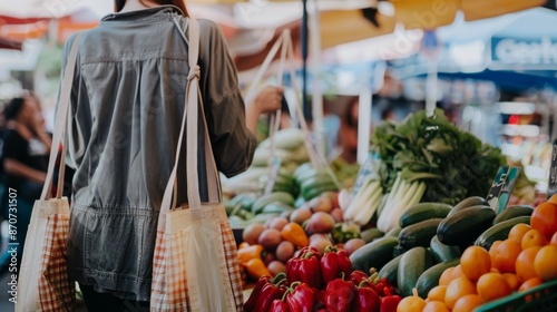 Woman Shopping at Farmers Market with Reusable Bags Full of Fresh Vegetables