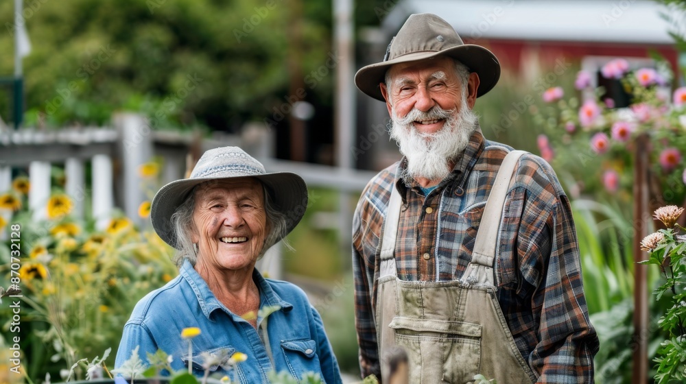 Smiling Elderly Couple Gardening Outdoors with Sunflowers and Wildflowers in a Rustic Setting Smiling Elderly Couple Gardening Outdoors with Sunflowers and Wildflowers in a Rustic Setting