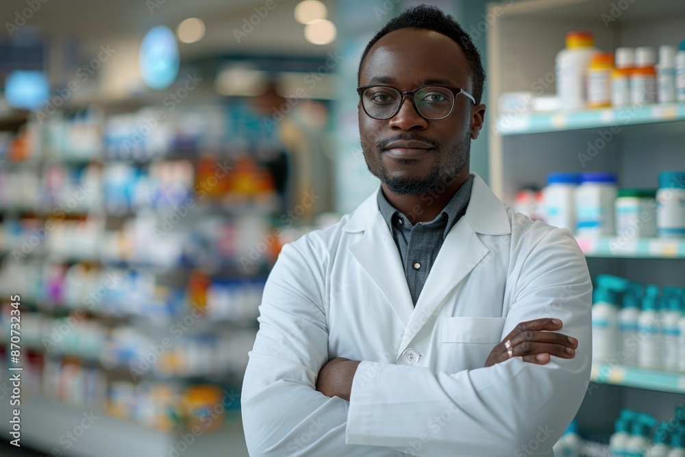 Fototapeta premium Confident black pharmacist in drugstore with health products.