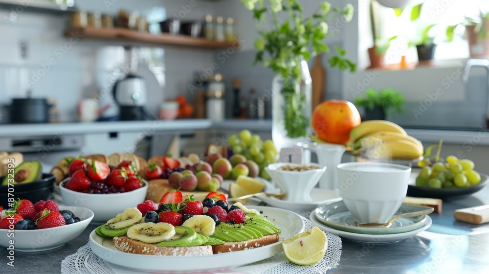 Healthy Breakfast Spread with Fresh Fruits, Avocado Toast, and Steaming Coffee in Cozy Kitchen Healthy Breakfast Spread with Fresh Fruits, Avocado Toast, and Steaming Coffee in Cozy Kitchen
