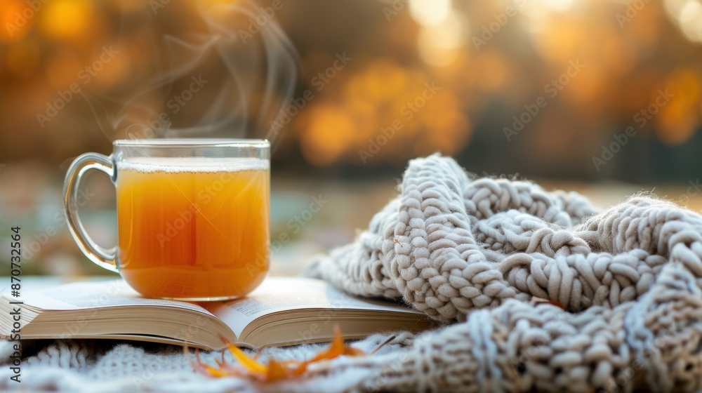 A warm autumn morning scene with a steaming cup of hot drink, a book, and a cozy knit blanket, creating a serene atmosphere. A warm autumn morning scene with a steaming cup of hot drink, a book, and a cozy knit blanket, creating a serene atmosphere.