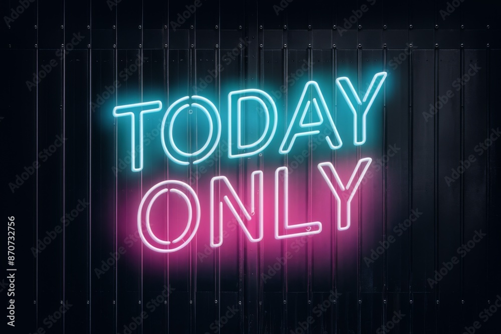 Obraz premium Neon sign with today only glowing in bright blue and pink colors against a dark background, ideal for promoting special deals, discounts, and limited-time events.