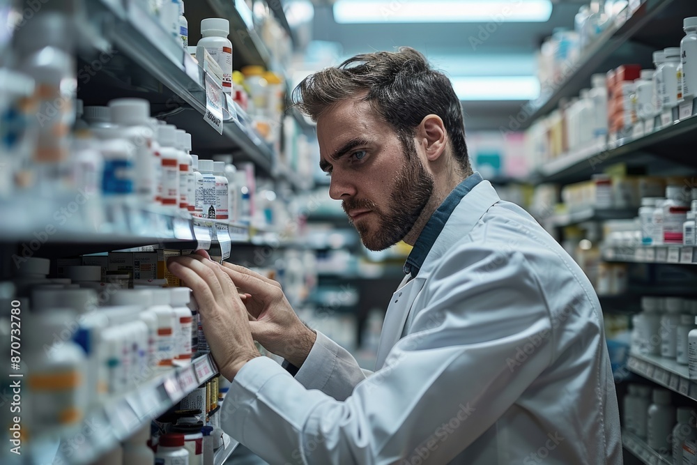 Handsome pharmacist working in pharmacy checking medications on shelf. Handsome pharmacist working in pharmacy checking medications on shelf.