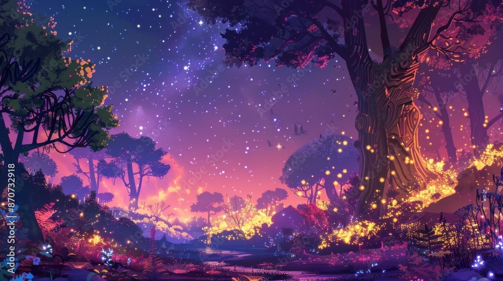 Fototapeta premium Starry Night Forest Landscape with Glowing Fireflies and Enchanted Trees