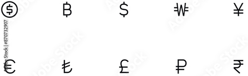 Simple Set of Currency Related Vector Line Icons. Contains such Icons as Exchange Rate and Currency. Vector symbol euro and dollar, bitcoin, rial, frank, pound, yen, yuan, rupee, lira, won and rouble