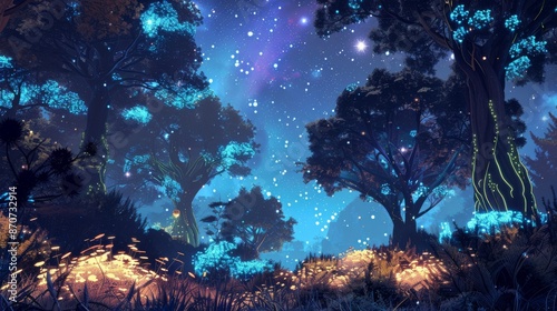 Enchanted Forest at Night with Glowing Trees and Starry Sky