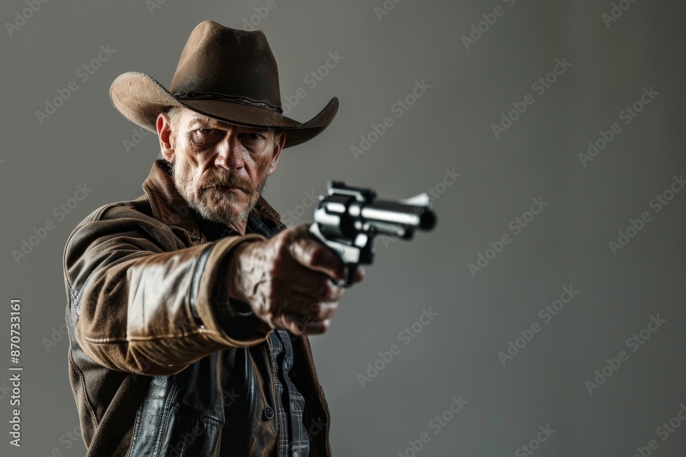 Western man aiming revolver in classic cowboy attire. Dramatic and moody, ideal for action themes. Close up portrait in low lighting, focusing on rugged toughness. Generative AI Western man aiming revolver in classic cowboy attire. Dramatic and moody, ideal for action themes. Close up portrait in low lighting, focusing on rugged toughness. Generative AI