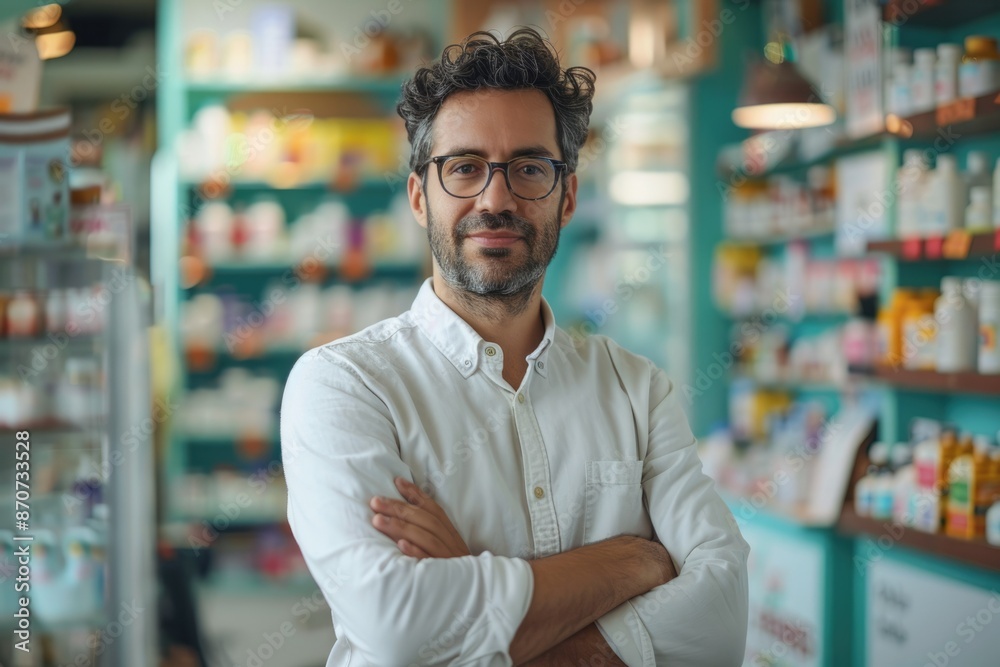 Happy medical shop owner showcases successful small business. Happy medical shop owner showcases successful small business.