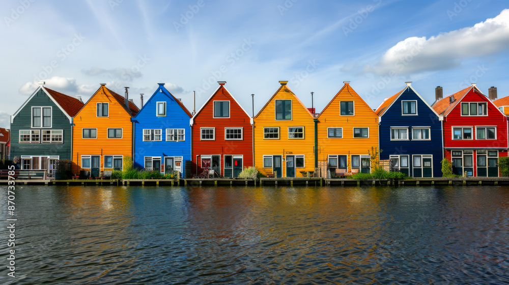 View of a multi-colored fishing house on the banks of a river, sea or lake. Colorful houses in minimalist design. Mediterranean landscapes. Architecture and nature concept. View of a multi-colored fishing house on the banks of a river, sea or lake. Colorful houses in minimalist design. Mediterranean landscapes. Architecture and nature concept.