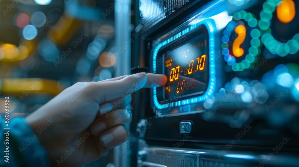 A close-up of a digital thermometer displaying a temperature reading, with a hand adjusting the settings, illustrating the concept of monitoring and controlling temperature in a co A close-up of a digital thermometer displaying a temperature reading, with a hand adjusting the settings, illustrating the concept of monitoring and controlling temperature in a co