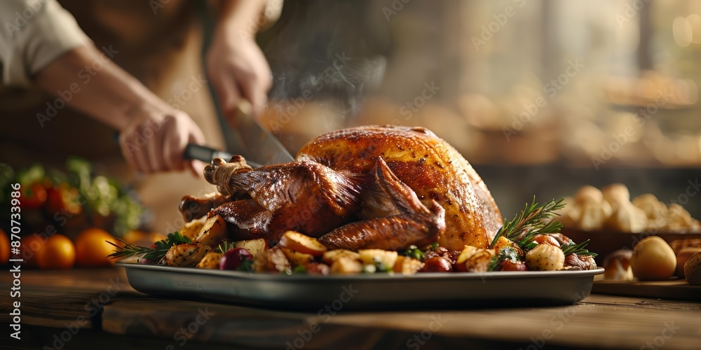 Naklejka premium Chef carving a roasted turkey for a festive family dinner, representing tradition and culinary craftsmanship