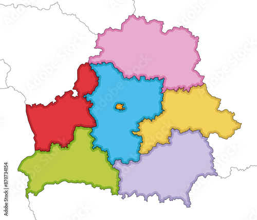 Vector illustrated blank map of Belarus with regions or oblasts and administrative divisions, and neighbouring countries. Editable and clearly labeled layers.