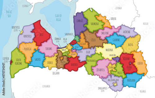Vector illustrated regional map of Latvia with state cities and municipalities and administrative divisions, and neighbouring countries and territories. Editable and clearly labeled layers.