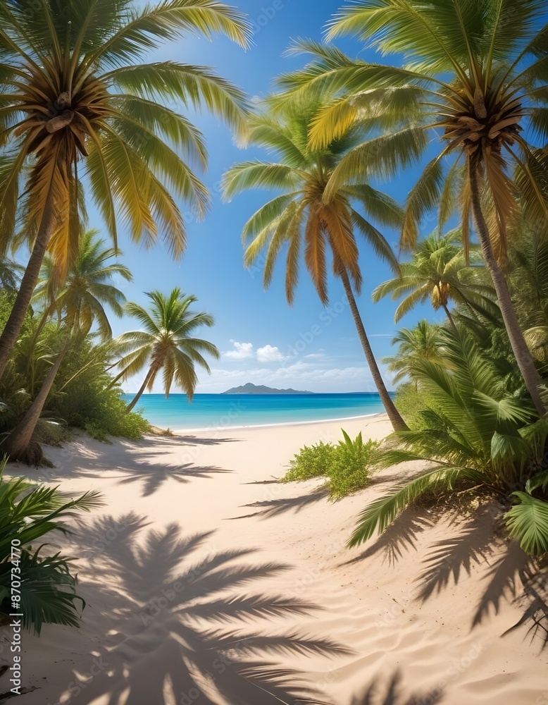 Fototapeta premium Beneath the palm trees sway gently in the warm breeze, their fronds casting dappled shadows on the golden sands of the beach