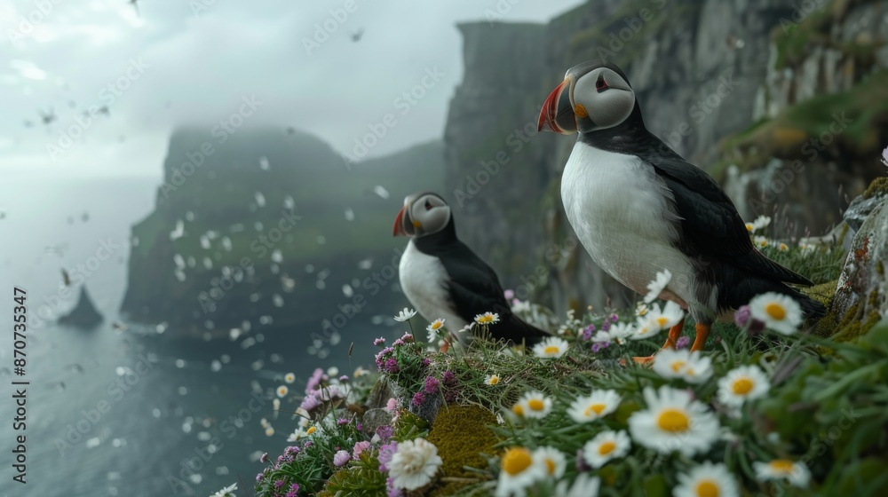 Fototapeta premium Puffins on a cliff with blooming flowers, foggy coastline with rocky cliffs in background. Wildlife and nature photography concept