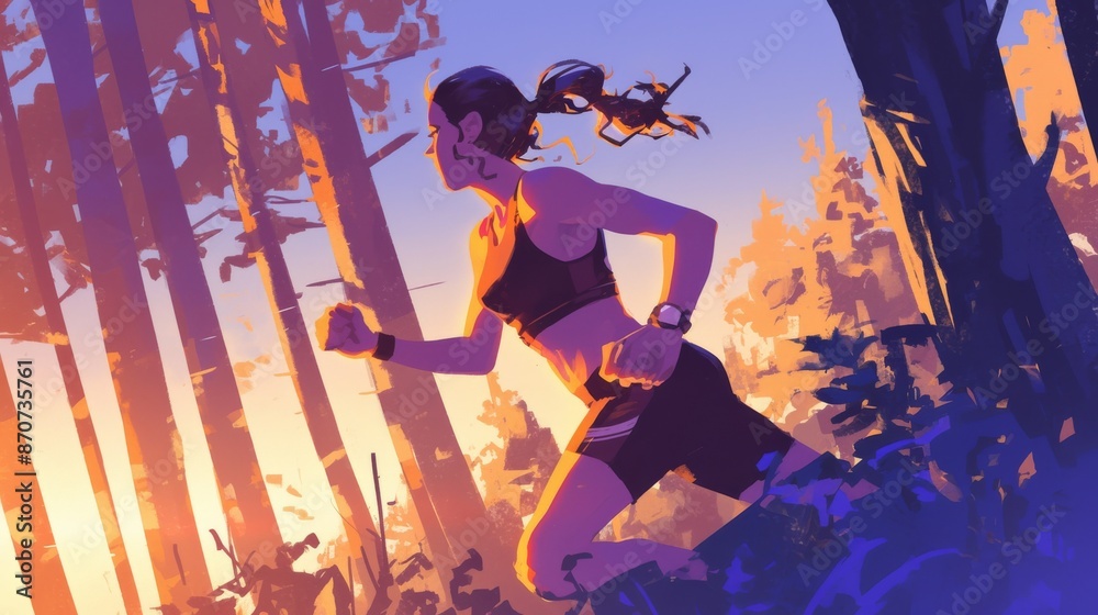 Woman Running in Forest During Sunset with Smartwatch Woman Running in Forest During Sunset with Smartwatch