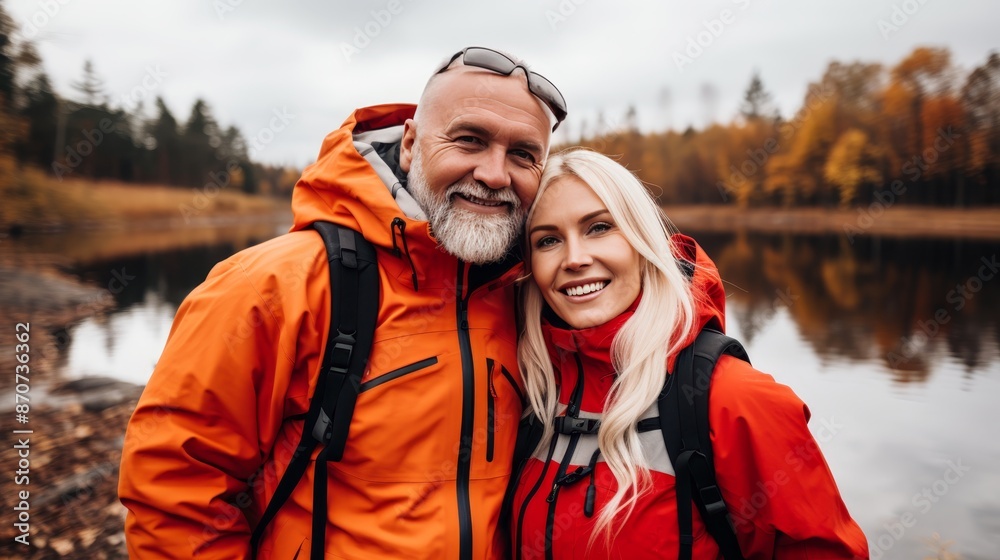 Cheerful couple hiking in the wilderness, smiling at the camera for a joyful outdoor adventure Cheerful couple hiking in the wilderness, smiling at the camera for a joyful outdoor adventure