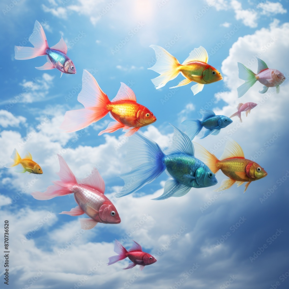 Naklejka premium backdrop with blue sky and colorful flying fish , generated by AI. High quality photo