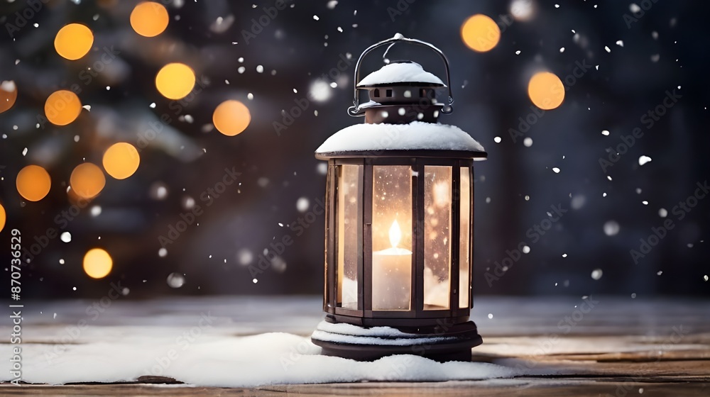 Lantern on a wooden background in the snow with bokeh generative ai Lantern on a wooden background in the snow with bokeh generative ai