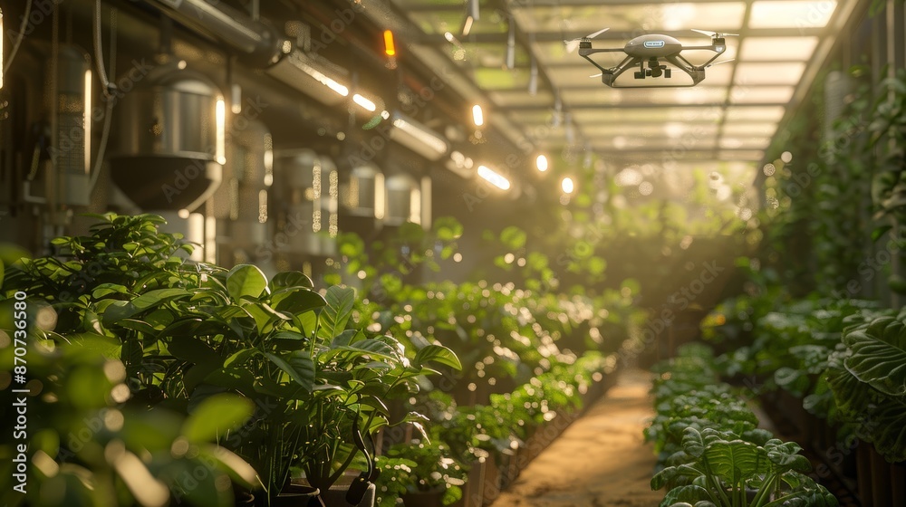 A smart agriculture setup with automated irrigation systems and drones monitoring crop health, showcasing how technology is revolutionizing farming practices.