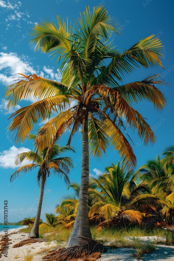 Palm trees on a tropical beach with white sand and blue sky Palm trees on a tropical beach with white sand and blue sky