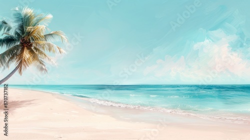 Serene tropical beach with turquoise waters, palm tree, and beautiful sky. Perfect for a relaxing vacation or nature scene.