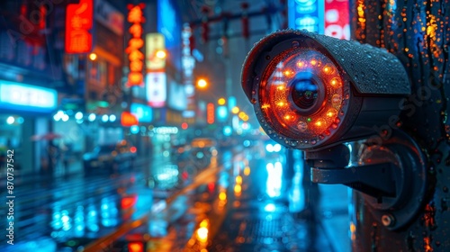 City Surveillance Camera at Night in Rainy Neon-lit Street - Generative AI