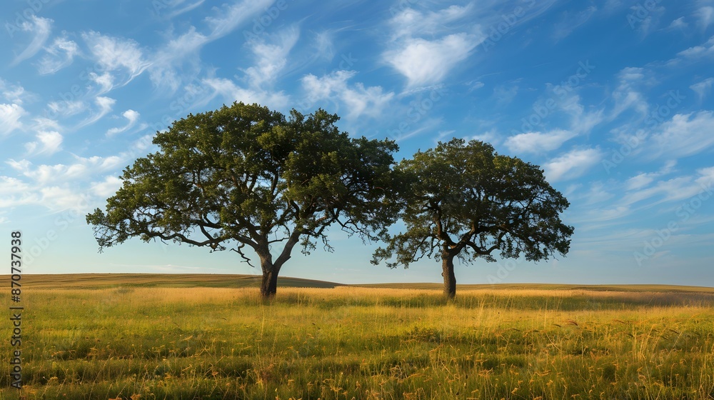 Two big trees stand in the middle of a grass field on a sunny day Two big trees stand in the middle of a grass field on a sunny day