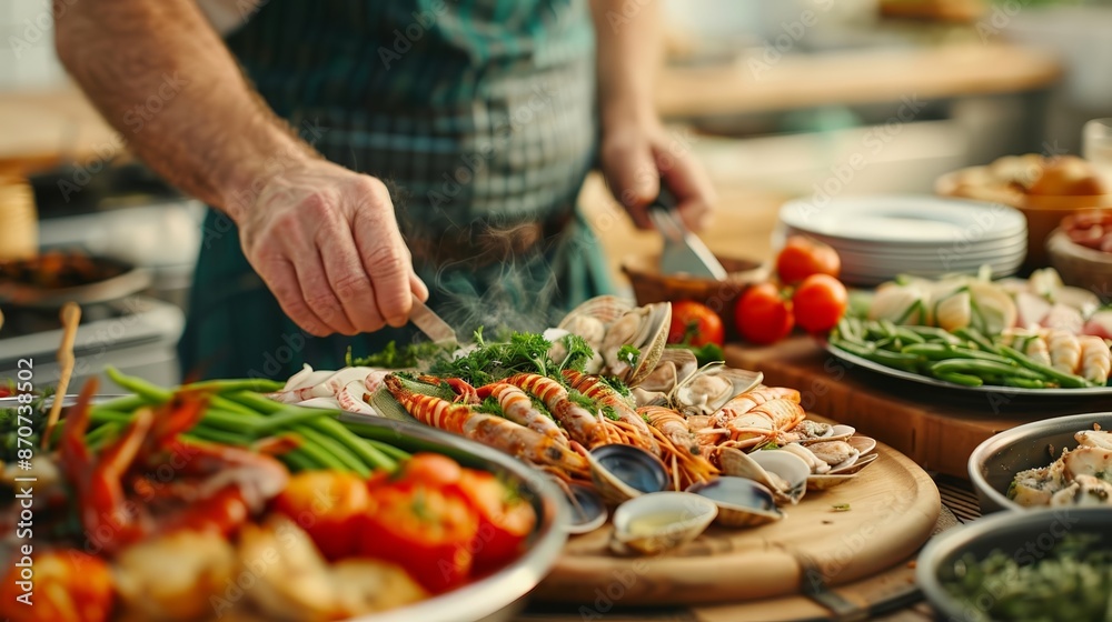 Chef preparing an elaborate seafood platter, with various shellfish and garnishes, illustrating luxury and abundance Chef preparing an elaborate seafood platter, with various shellfish and garnishes, illustrating luxury and abundance