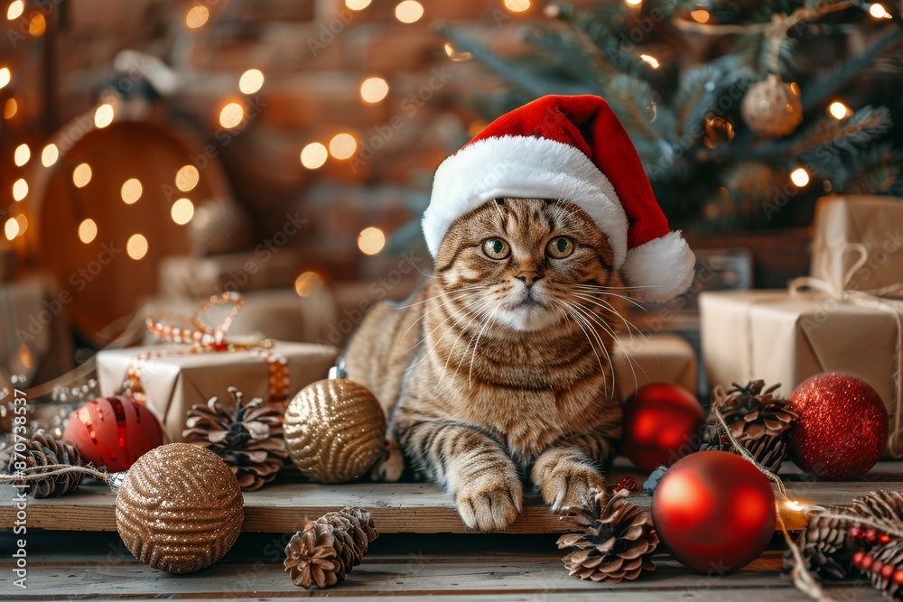 Obraz premium Tabby Cat Wearing Santa Hat Surrounded by Christmas Decorations