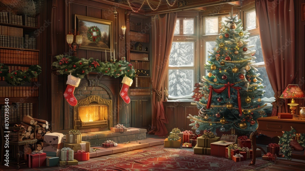 Cozy Christmas Living Room with Decorated Tree, Gifts, and Warm Fireplace in Snowy Winter Setting Cozy Christmas Living Room with Decorated Tree, Gifts, and Warm Fireplace in Snowy Winter Setting