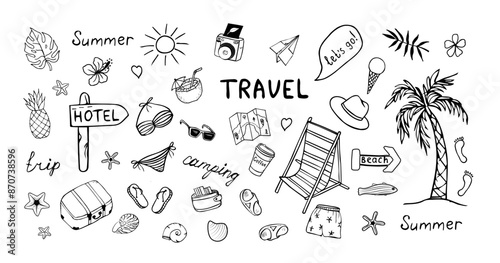 Hand drawn set of traveling doodles, vector elements isolated on a white background. Objects for recreation, travel, vacations and parties.