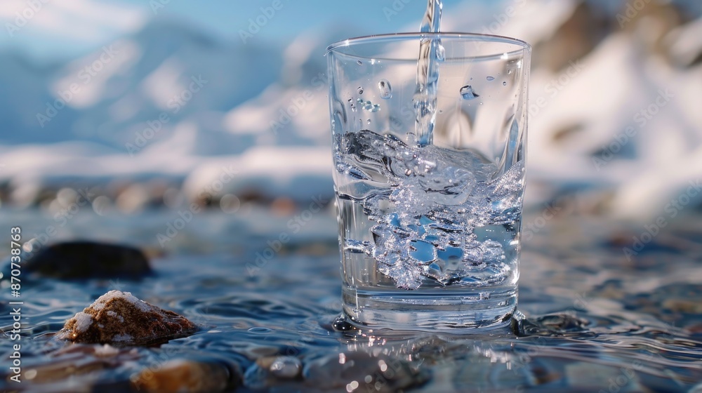 A glass of pouring crystal mineral drinking water snowing time in front of mountain A glass of pouring crystal mineral drinking water snowing time in front of mountain