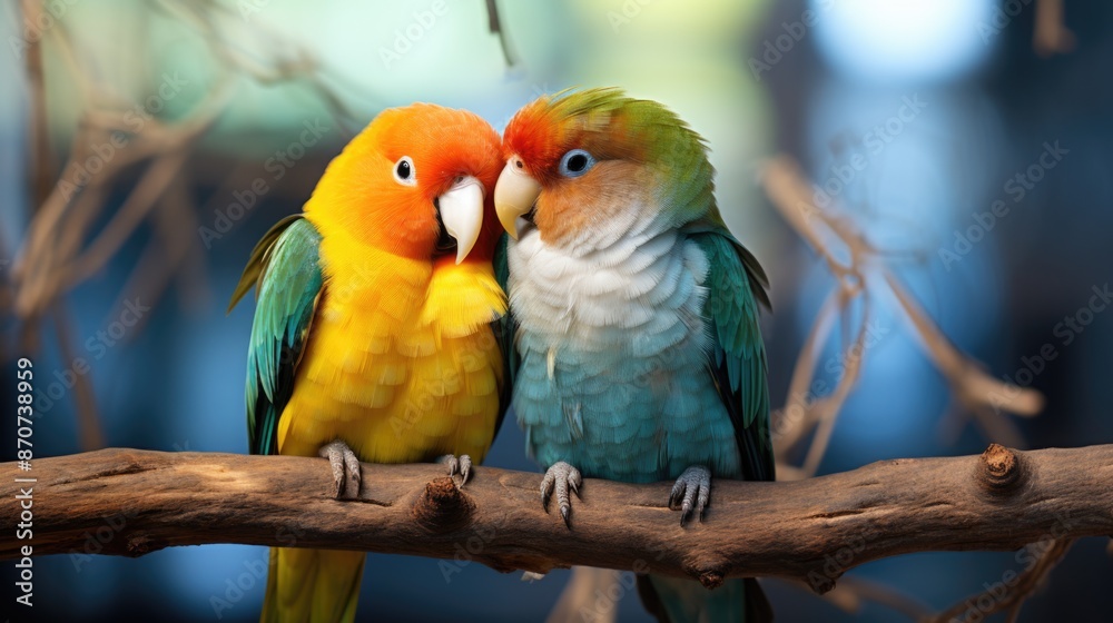 Obraz premium Beautiful parrots sitting on tree branch birds of australia loving each other, birds love concept lightning and blurred background