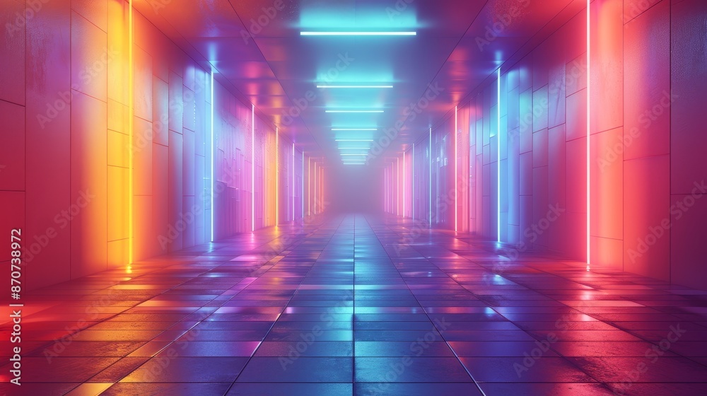 A long, brightly lit hallway with neon lights A long, brightly lit hallway with neon lights