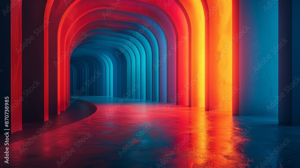 A long tunnel with red, blue, and yellow walls A long tunnel with red, blue, and yellow walls
