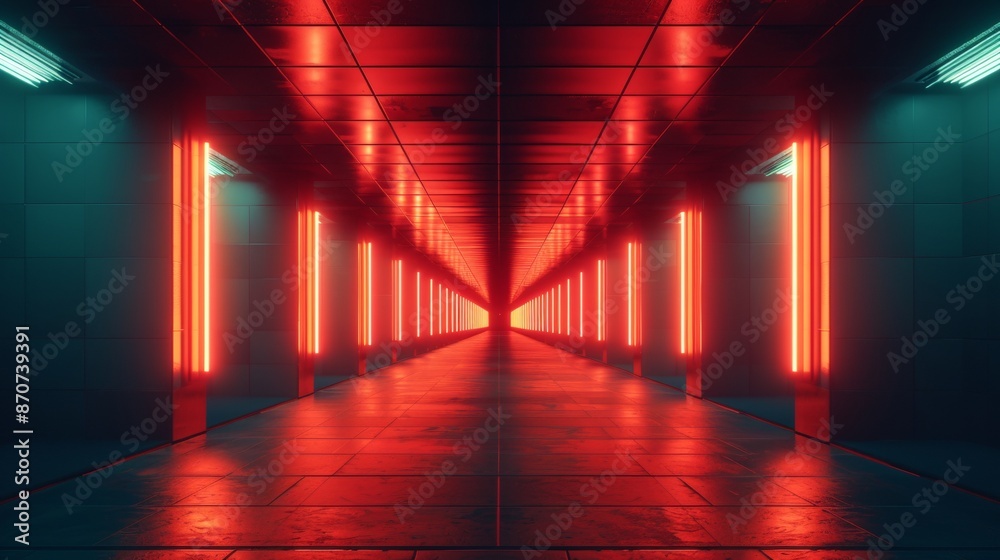 A long, narrow hallway with red lights on the walls A long, narrow hallway with red lights on the walls