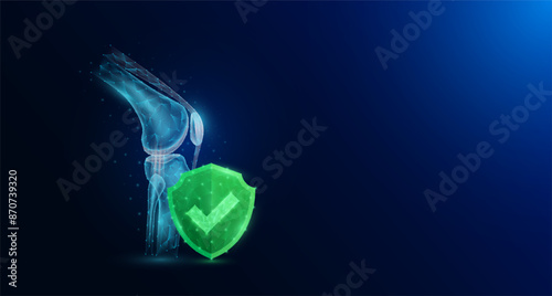 Knee joint bone human organ anatomy with check mark in green shield glowing. Protection arthritis osteoporosis. Medical science concept. Banner empty space for text. Vector EPS10.