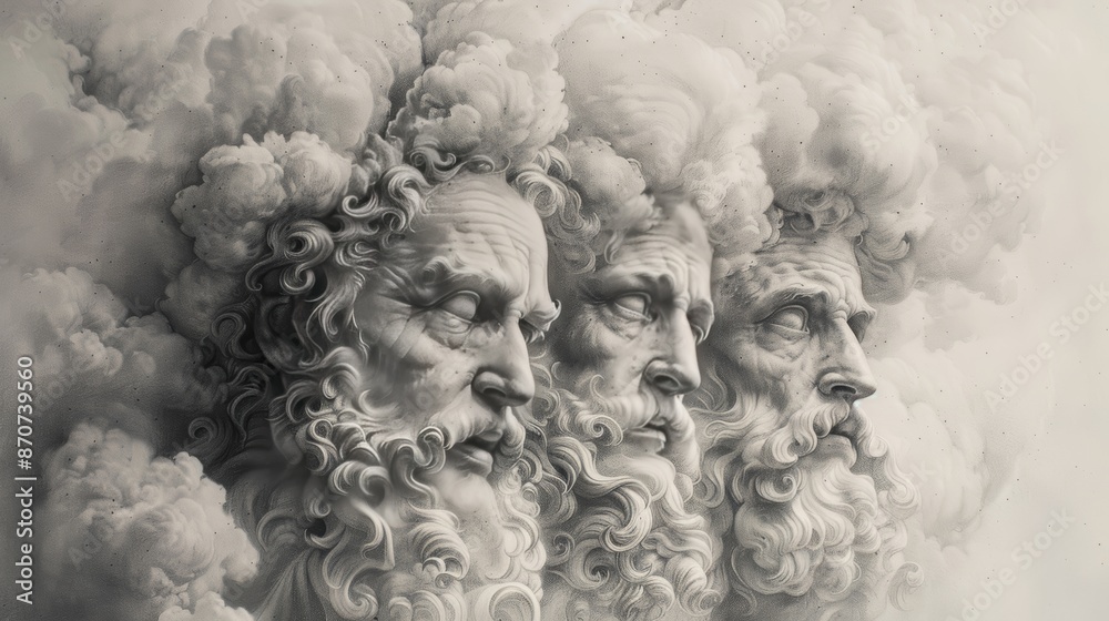 Three stone faces emerge from swirling clouds, their expressions stoic and enigmatic. The image evokes a sense of mystery and power. Three stone faces emerge from swirling clouds, their expressions stoic and enigmatic. The image evokes a sense of mystery and power.